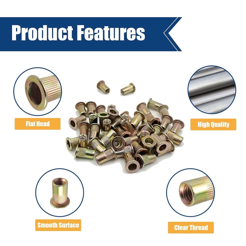 ELEFOCUS 50PCS M10 x 1.5 Rivet Nuts, Made of Carbon Steel with a zinc-Plated Finish, Featuring a Flat Head and Threaded Insert Knurled Nutsert Kit - Image 5